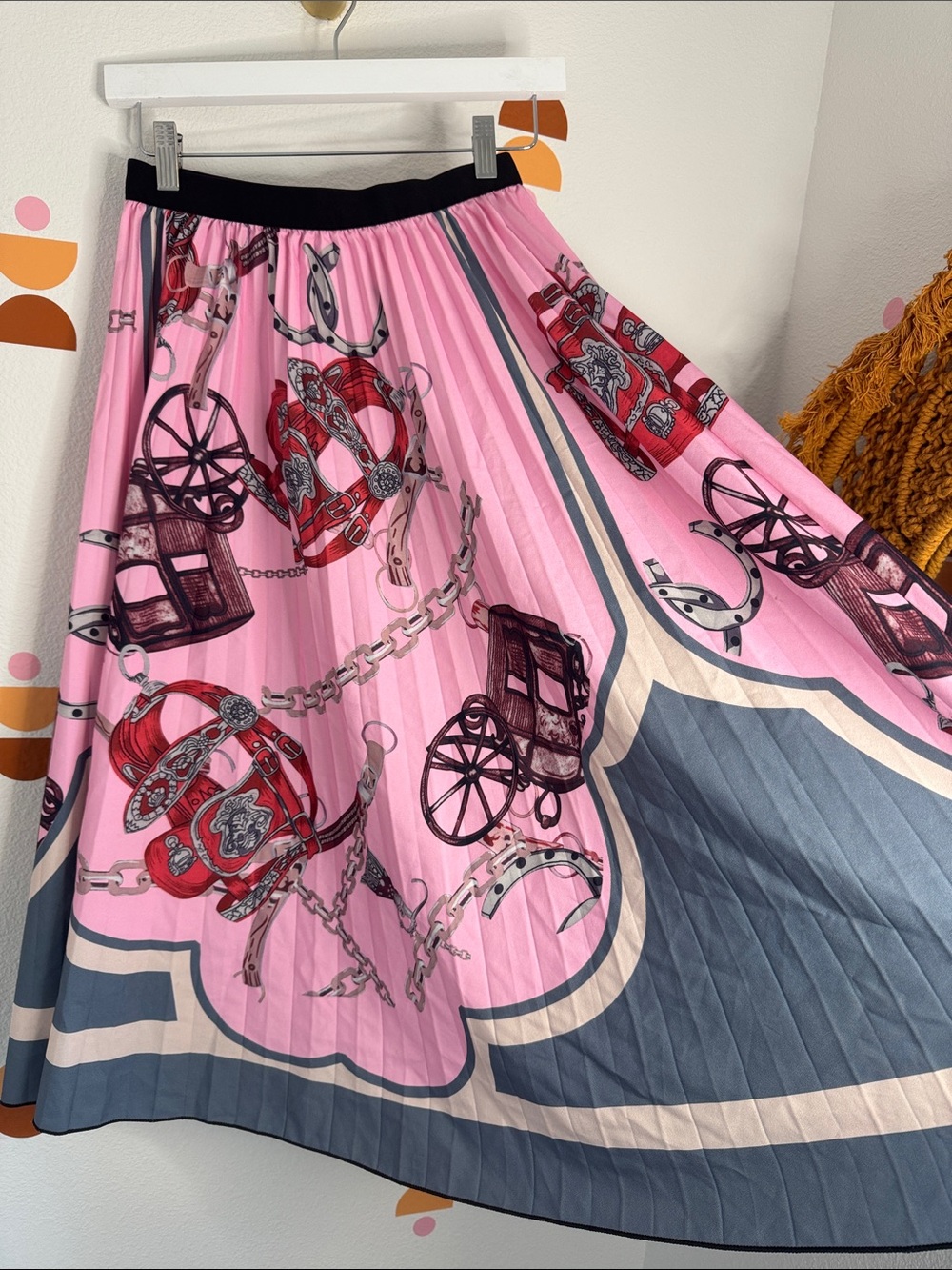 Pink Western Printed Pleated Midi Skirt with Navy Border N0310 - Picture 2 of 5